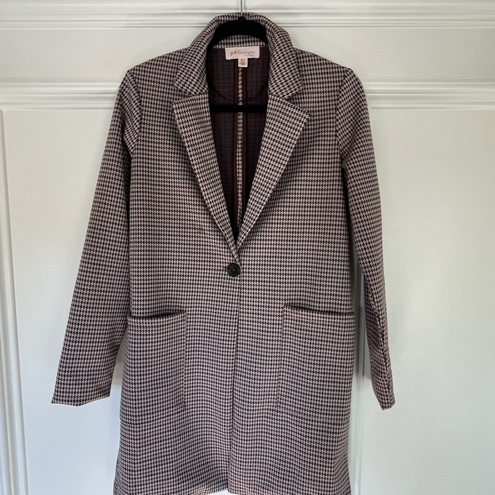 Philosophy Brown Houndstooth Women’s Long Blazer Jacket Size Extra Small